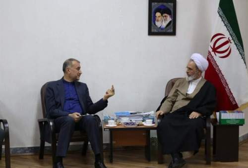 دیدار وزیر امور خارجه، امیر عبداللهیان با مدیر حوزه‌های علمیه، آیت الله اعرافی.